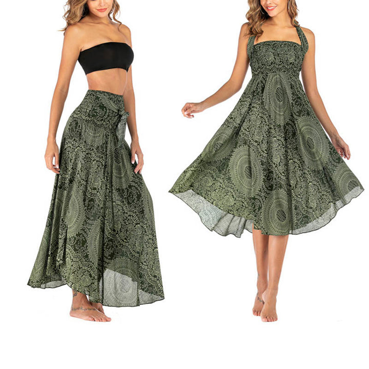 Robe jupe fleurie style bohème avec deux Buddha Stones et une rose des vents - OliveDrab - US4-12, UK/AU8-16, EU36-44 (F) - image 1