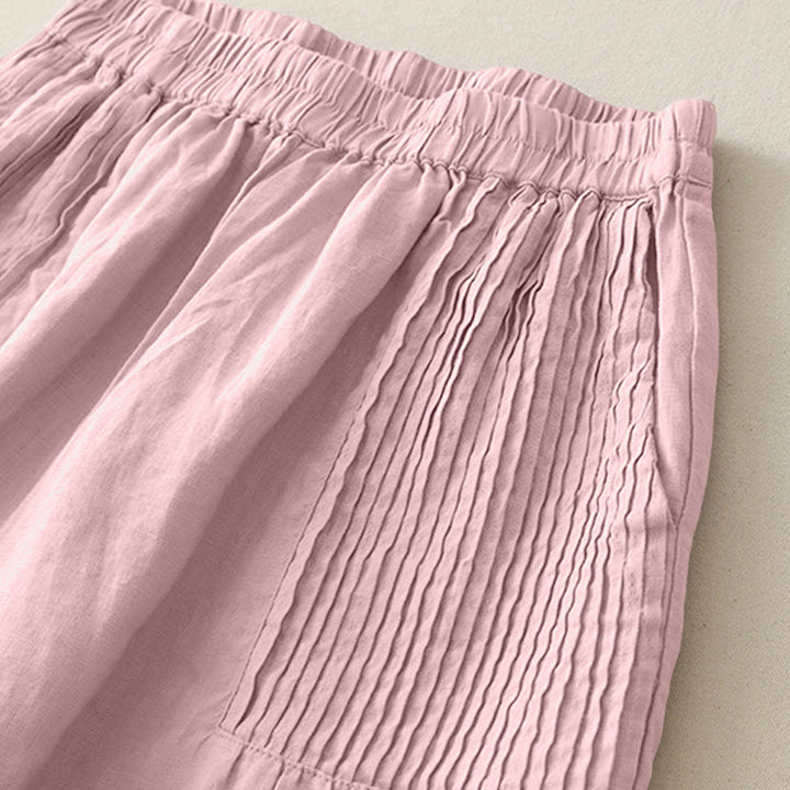 Pantalon large Buddha Stones uni à plis élastiques en polyester pour femme avec poches - image 1