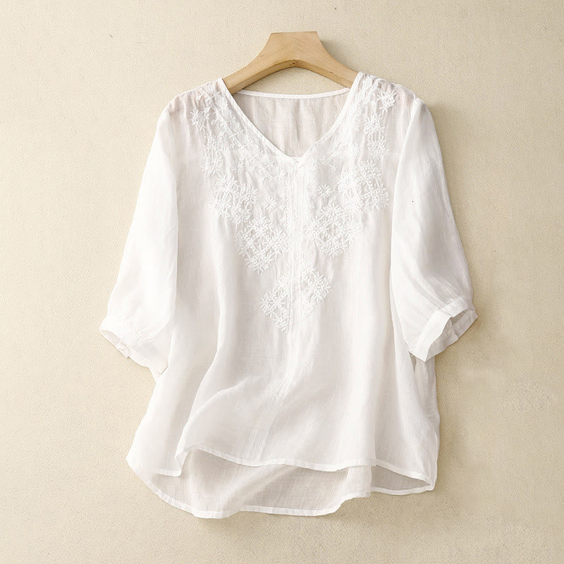 Chemise femme à manches mi-longues et col en V avec broderies Buddha Stones - Blanc - US12，UK/AU16，EU44 (2XL) - image 15