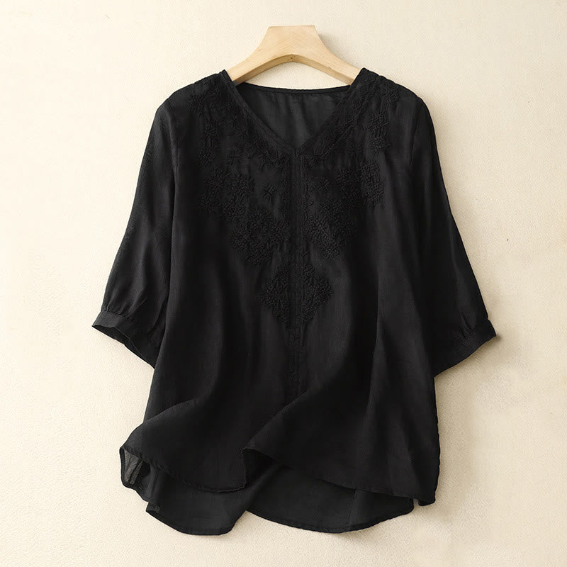 Chemise à manches courtes pour femme avec broderie de lignes et col en V représentant des Buddha Stones - Noir - US12，UK/AU16，EU44 (2XL) - image 11