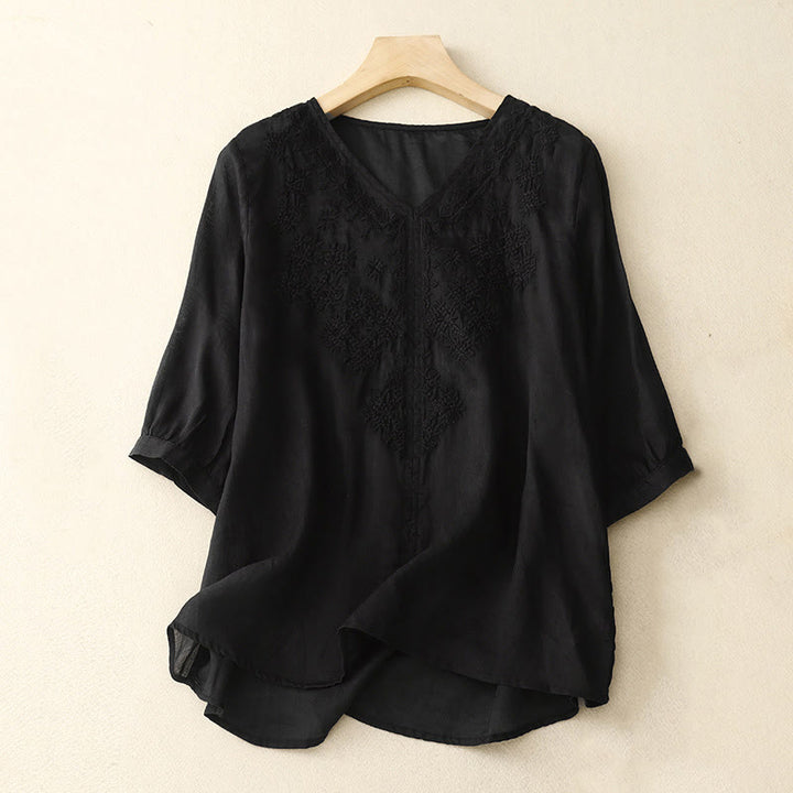 Chemise à manches courtes pour femme avec broderie de lignes et col en V représentant des Buddha Stones - Noir - US12，UK/AU16，EU44 (2XL) - image 11