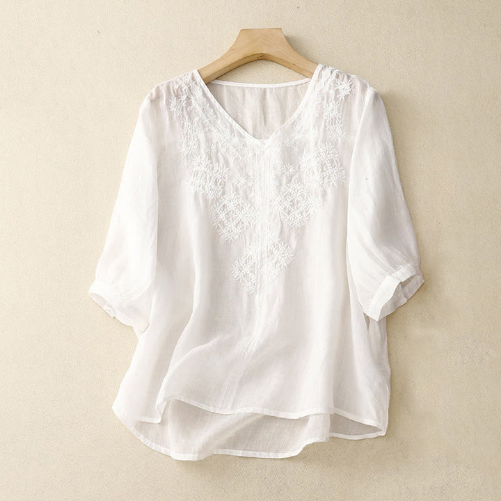 Chemise à manches courtes pour femme avec broderie de lignes et col en V représentant des Buddha Stones - Blanc - US12，UK/AU16，EU44 (2XL) - image 15