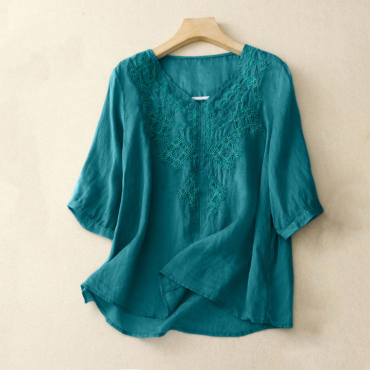 Chemise à manches courtes pour femme avec broderie de lignes et col en V représentant des Buddha Stones - Turquoise foncé - US12，UK/AU16，EU44 (2XL) - image 0