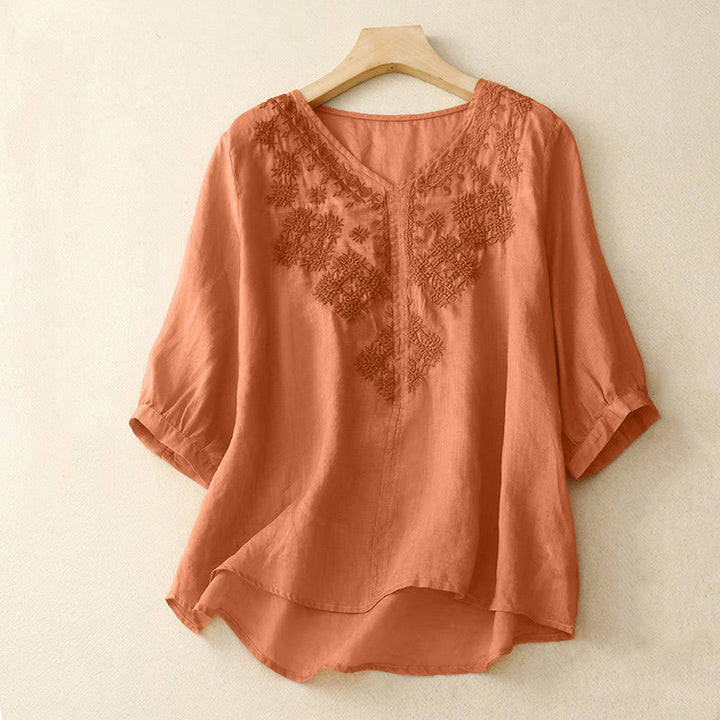Chemise à manches courtes pour femme avec broderie de lignes et col en V représentant des Buddha Stones - SandyBrown - US12，UK/AU16，EU44 (2XL) - image 5