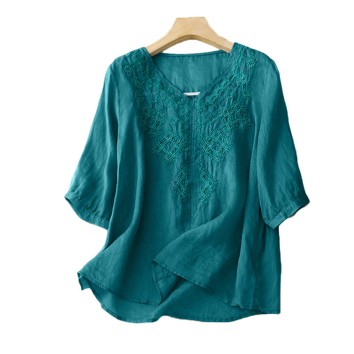 Chemise à manches courtes pour femme avec broderie de lignes et col en V représentant des Buddha Stones - image 4