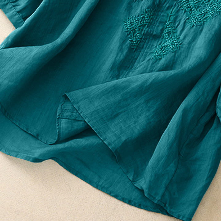 Chemise à manches courtes pour femme avec broderie de lignes et col en V représentant des Buddha Stones - image 3
