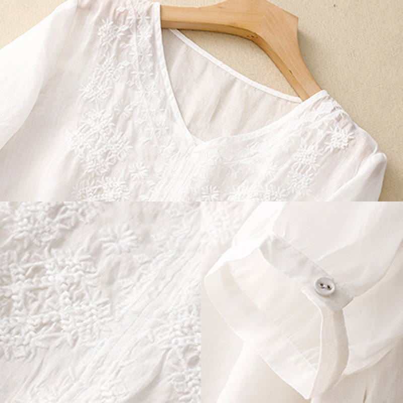 Chemise à manches courtes pour femme avec broderie de lignes et col en V représentant des Buddha Stones - image 16