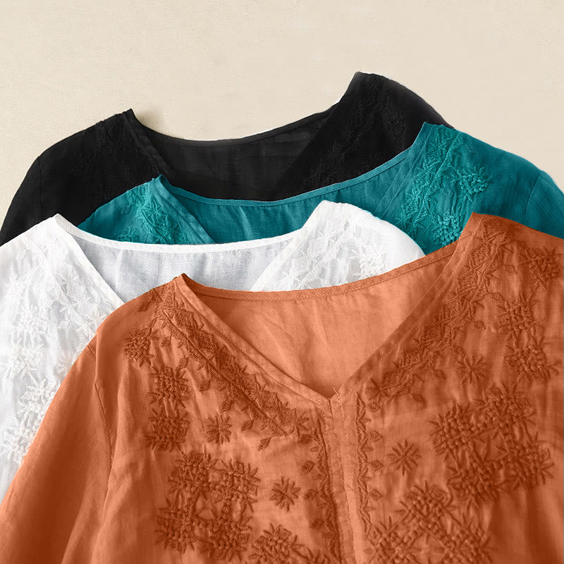 Chemise à manches courtes pour femme avec broderie de lignes et col en V représentant des Buddha Stones - image 20