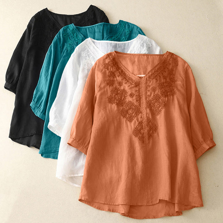 Chemise à manches courtes pour femme avec broderie de lignes et col en V représentant des Buddha Stones - image 19