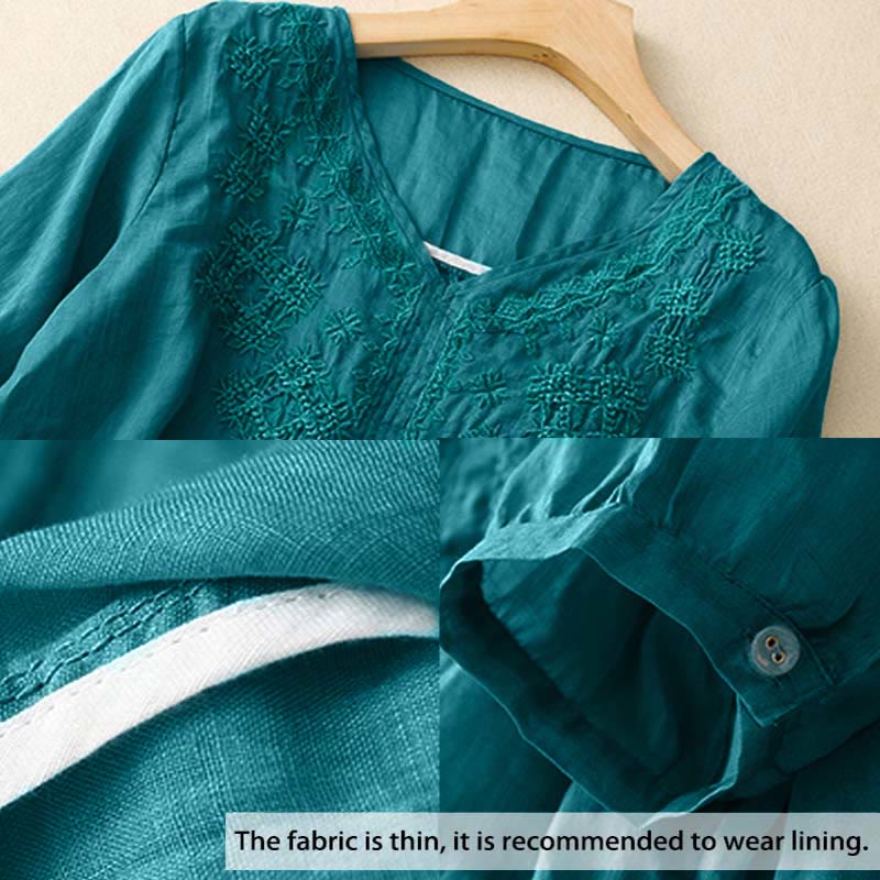 Chemise à manches courtes pour femme avec broderie de lignes et col en V représentant des Buddha Stones - image 1