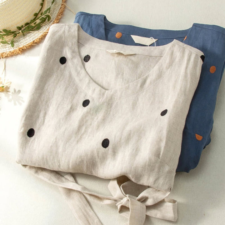 Robe mi-longue décontractée à Buddha Stones et manches courtes en coton et lin avec poches pour femme - image 11