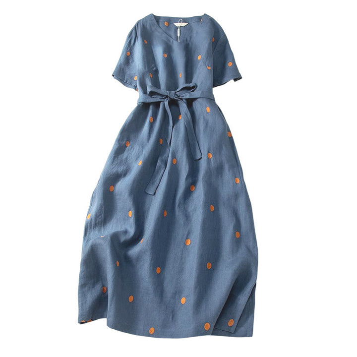 Robe mi-longue décontractée à Buddha Stones et manches courtes en coton et lin avec poches pour femme - image 6