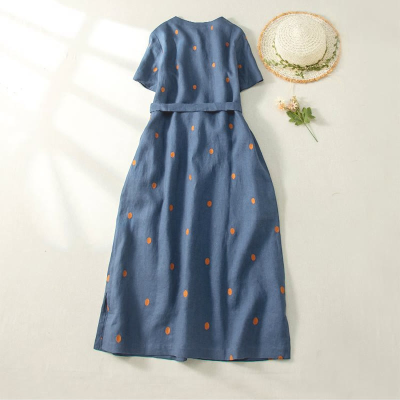 Robe mi-longue décontractée à Buddha Stones et manches courtes en coton et lin avec poches pour femme - image 1