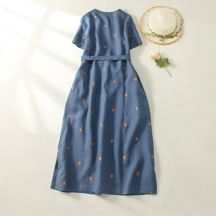 Robe mi-longue décontractée à Buddha Stones et manches courtes en coton et lin avec poches pour femme - image 1