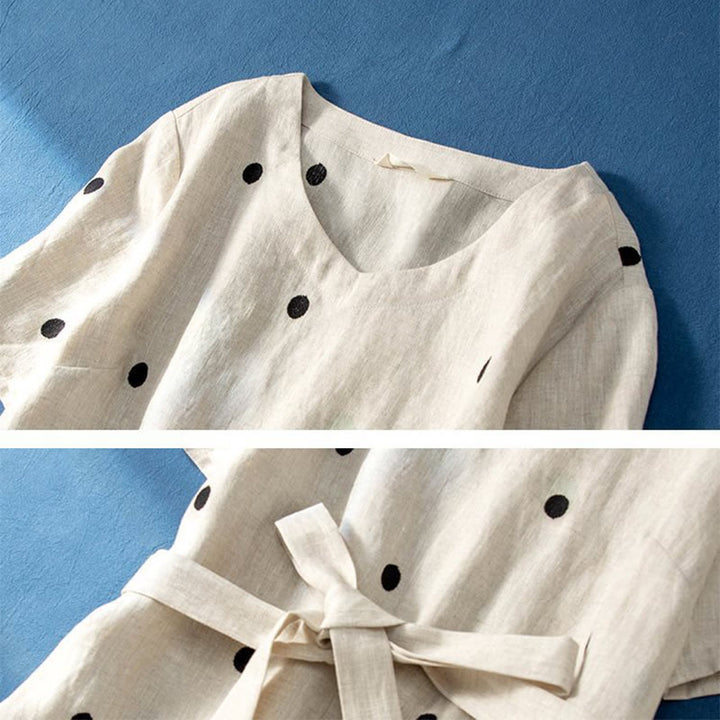 Robe mi-longue décontractée à Buddha Stones et manches courtes en coton et lin avec poches pour femme - image 8