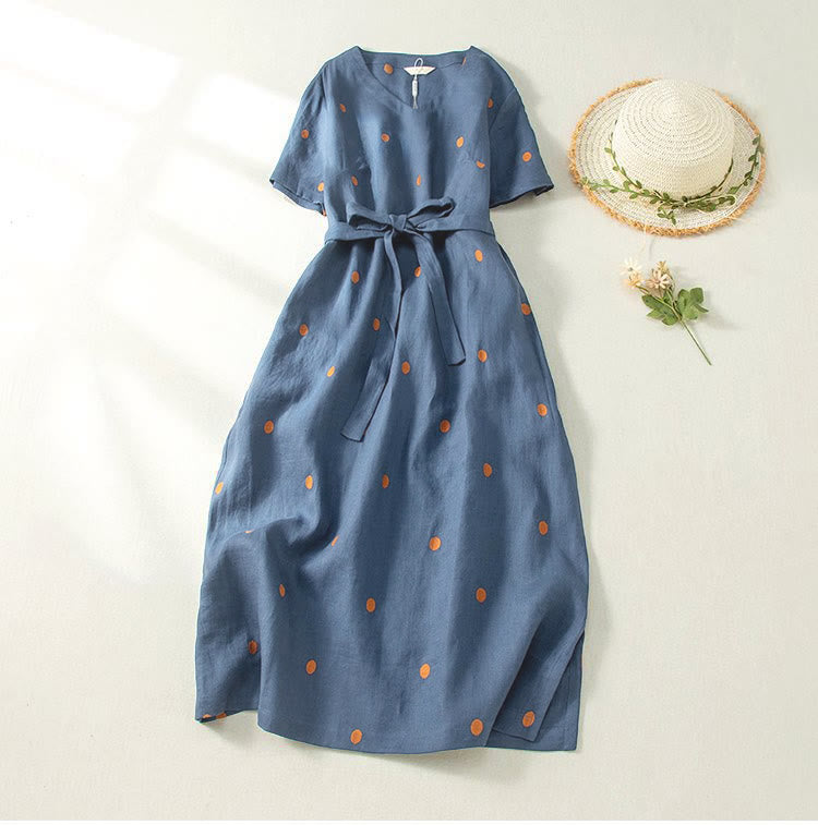Robe mi-longue décontractée à Buddha Stones et manches courtes en coton et lin avec poches pour femme - Bleu foncé - US8-10，UK/AU12-14，EU40-42 (2XL) - image 0