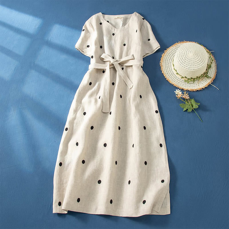 Robe midi femme à manches courtes, lacée, à pois et poches, ornée de Buddha Stones - Beige - US8-10，UK/AU12-14，EU40-42 (2XL) - image 5