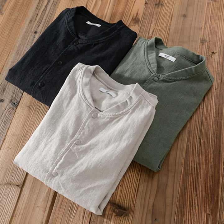 Chemise homme en coton et lin à manches longues et Buddha Stones côtelé, couleur unie, avec poches  - image 18