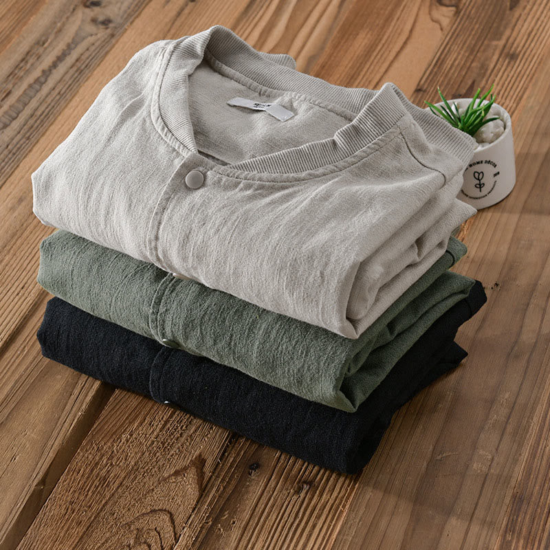 Chemise homme en coton et lin à manches longues et Buddha Stones côtelé, couleur unie, avec poches  - image 19