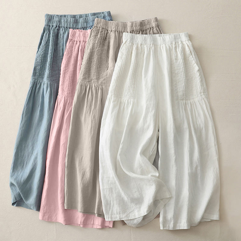 Pantalon large Buddha Stones uni à plis élastiques en polyester pour femme avec poches - image 20