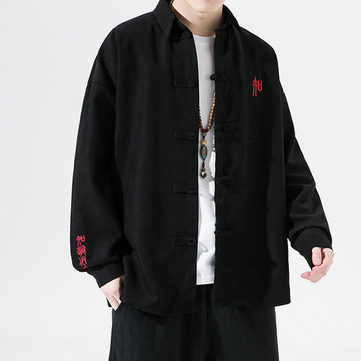 Chemise à manches longues en coton pour homme, motif de grenouille chinoise brodée de Buddha Stones - image 1