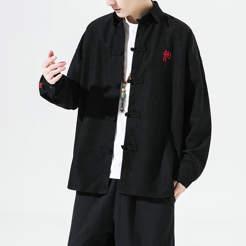Chemise à manches longues en coton pour homme, motif de grenouille chinoise brodée de Buddha Stones - image 4