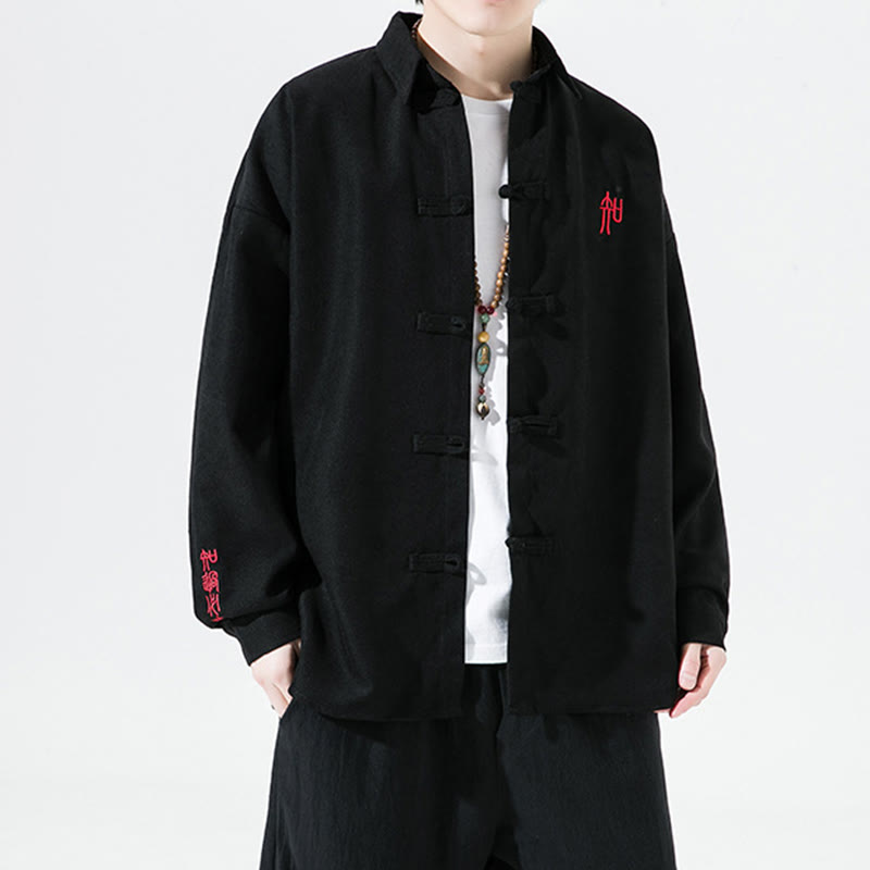 Chemise à manches longues en coton pour homme, motif de grenouille chinoise brodée de Buddha Stones - Noir - US/UK/AU46，EU56 (5XL) - image 0