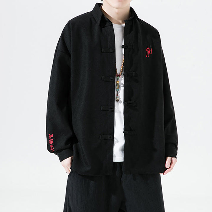 Chemise à manches longues en coton pour homme, motif de grenouille chinoise brodée de Buddha Stones - Noir - US/UK/AU46，EU56 (5XL) - image 0