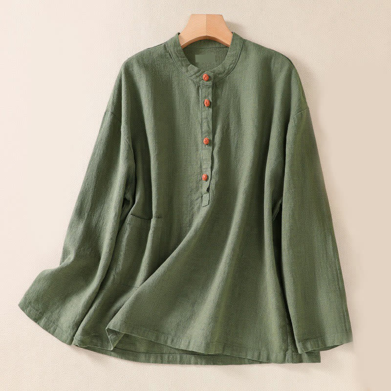 Chemise décontractée à manches longues et col ras du cou pour femme, en coton, avec poches et boutons Buddha Stones - Vert foncé - US14，UK/AU18，EU46 (2XL) - image 0