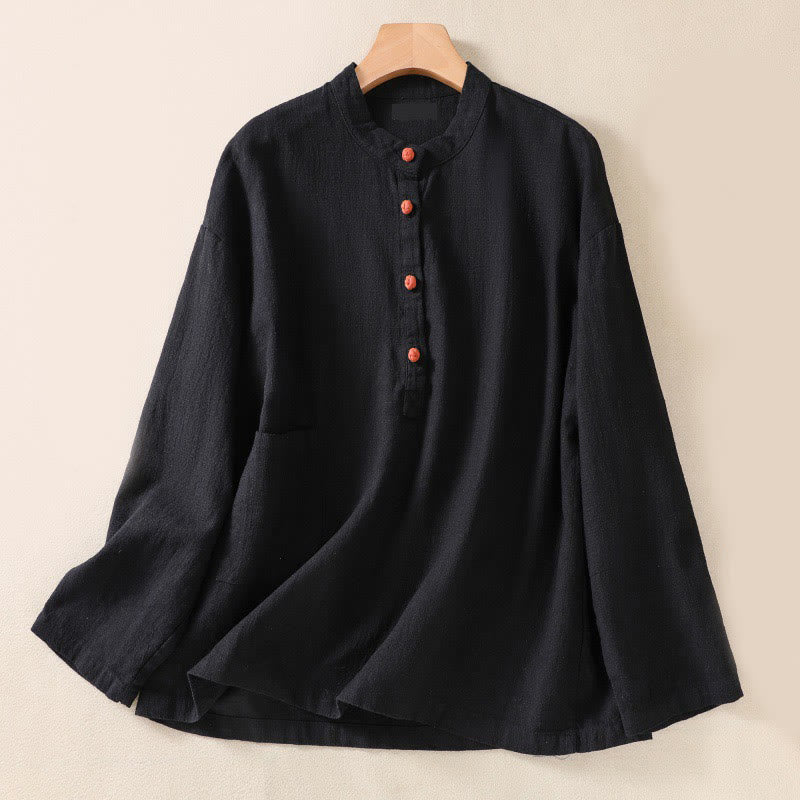 Chemise décontractée à manches longues et col ras du cou pour femme, en coton, avec poches et boutons Buddha Stones - Noir - US8-10，UK/AU12-14，EU40-42 (2XL) - image 9