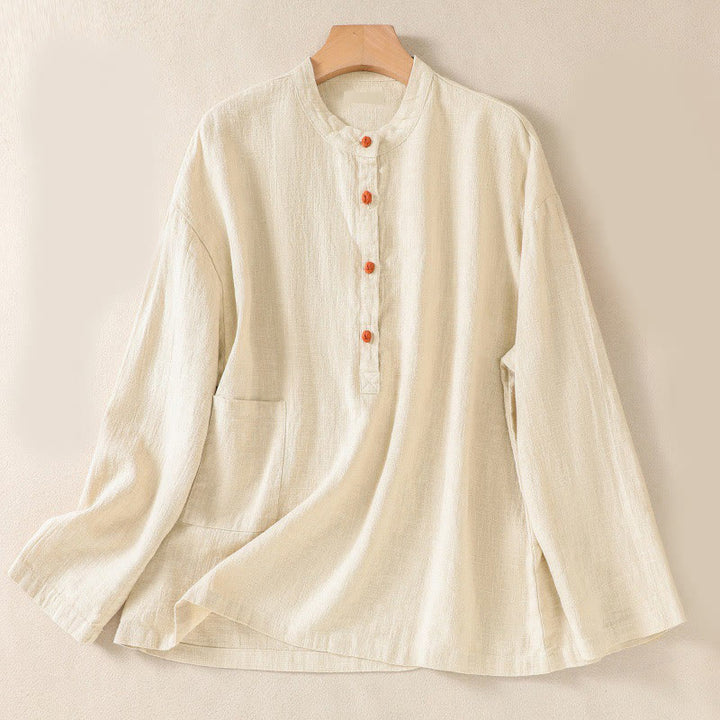 Chemise à manches longues pour femme, col rond, boutons, motif Buddha Stones , avec poches - soie de maïs - US8-10，UK/AU12-14，EU40-42 (2XL) - image 16