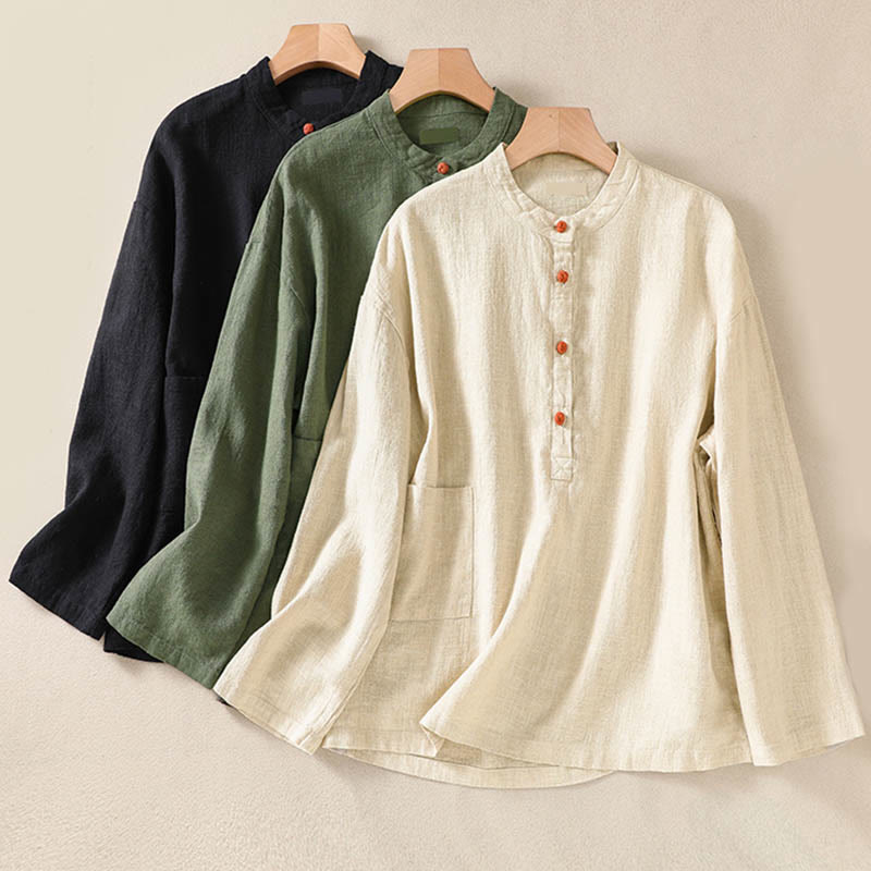 Chemise décontractée à manches longues et col ras du cou pour femme, en coton, avec poches et boutons Buddha Stones - image 26