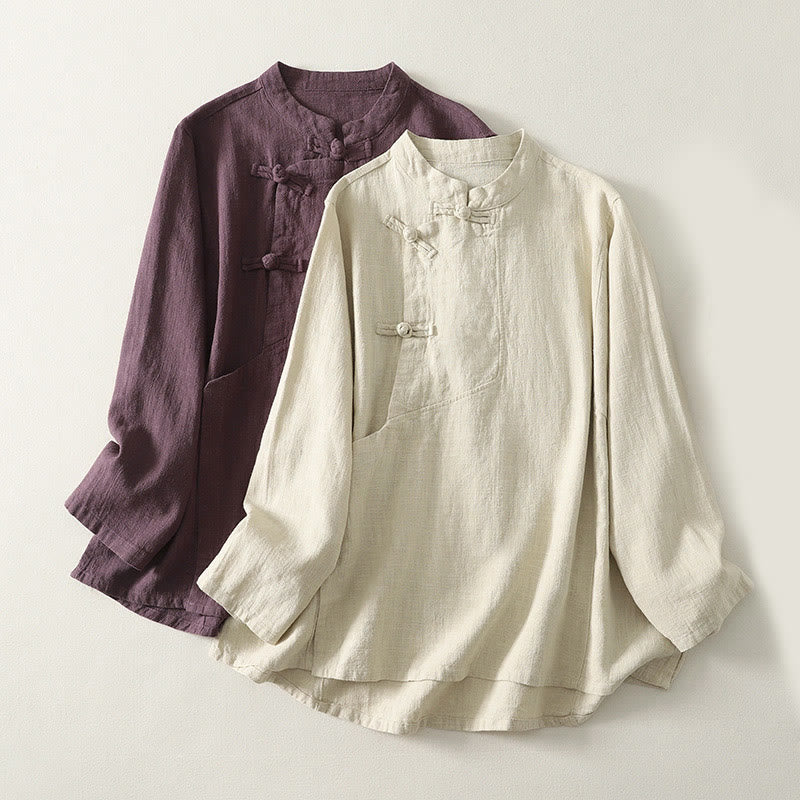 Chemise décontractée à manches longues en coton pour femme avec boutons grenouille et motif Buddha Stones - image 0