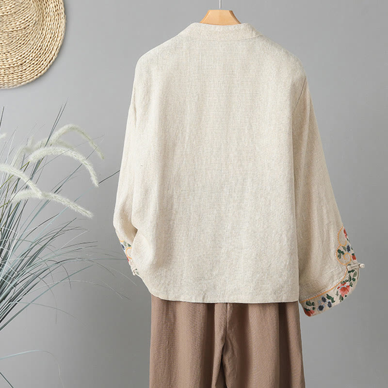 Chemise femme en coton à manches longues et boutons grenouille, broderie de fleurs et Buddha Stones - image 1