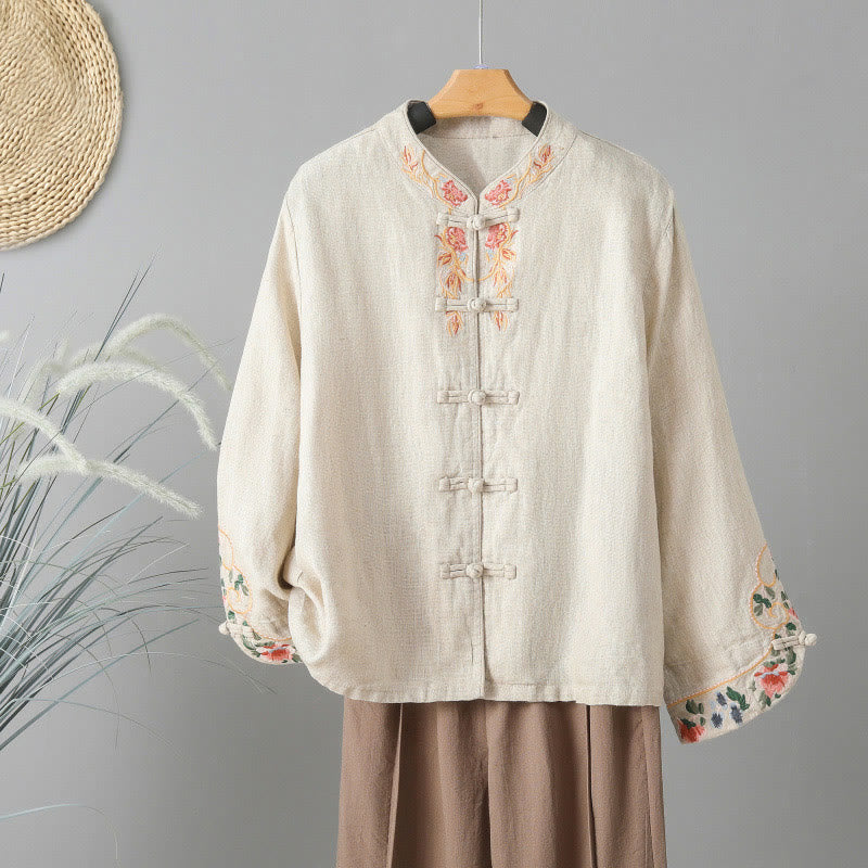 Chemise femme en coton à manches longues et boutons grenouille, broderie de fleurs et Buddha Stones - Beige - US12，UK/AU16，EU44 (2XL) - image 0