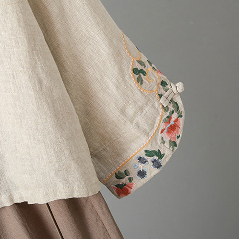 Chemise femme en coton à manches longues et boutons grenouille, broderie de fleurs et Buddha Stones - image 3