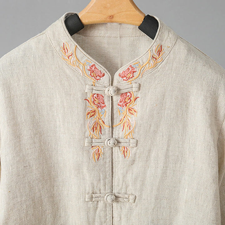 Chemise femme en coton à manches longues et boutons grenouille, broderie de fleurs et Buddha Stones - image 8