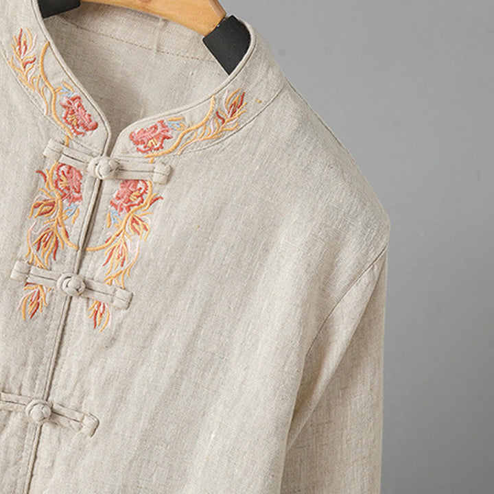 Chemise femme en coton à manches longues et boutons grenouille, broderie de fleurs et Buddha Stones - image 4