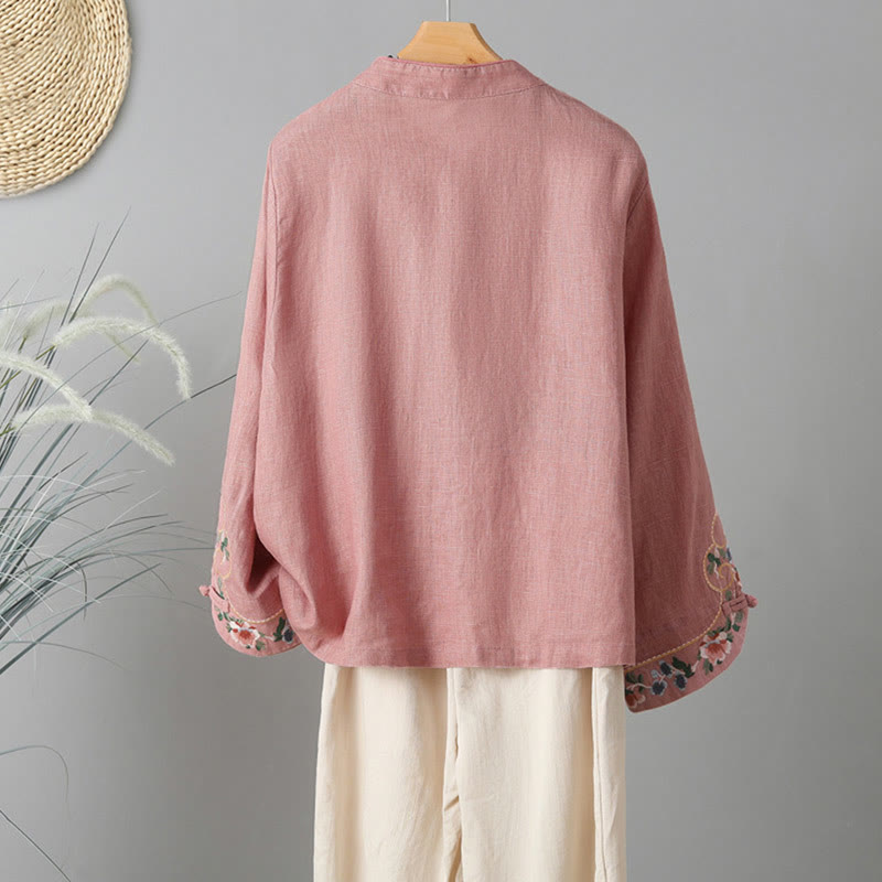 Chemise femme en coton à manches longues et boutons grenouille, broderie de fleurs et Buddha Stones - image 10