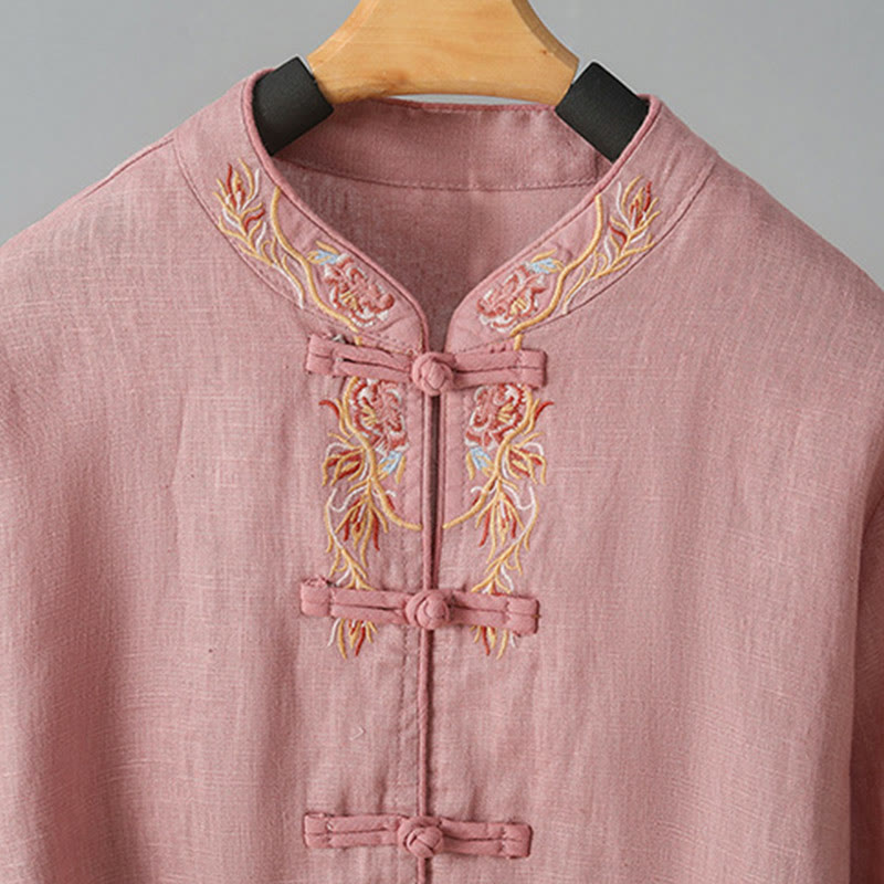 Chemise femme en coton à manches longues et boutons grenouille, broderie de fleurs et Buddha Stones - image 11