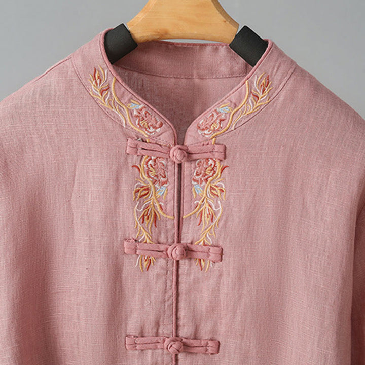 Chemise femme en coton à manches longues et boutons grenouille, broderie de fleurs et Buddha Stones - image 11