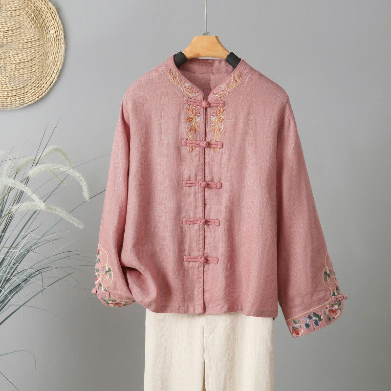 Chemise femme en coton à manches longues et boutons grenouille, broderie de fleurs et Buddha Stones - Rose clair - US12，UK/AU16，EU44 (2XL) - image 9