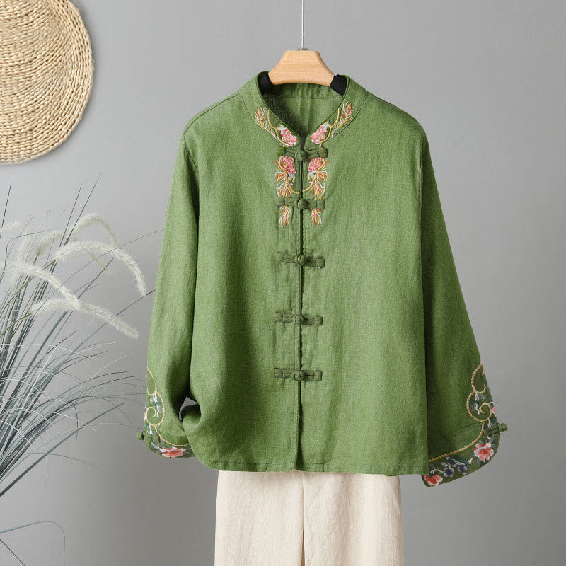 Chemise femme en coton à manches longues et boutons grenouille, broderie de fleurs et Buddha Stones - OliveDrab - US12，UK/AU16，EU44 (2XL) - image 12