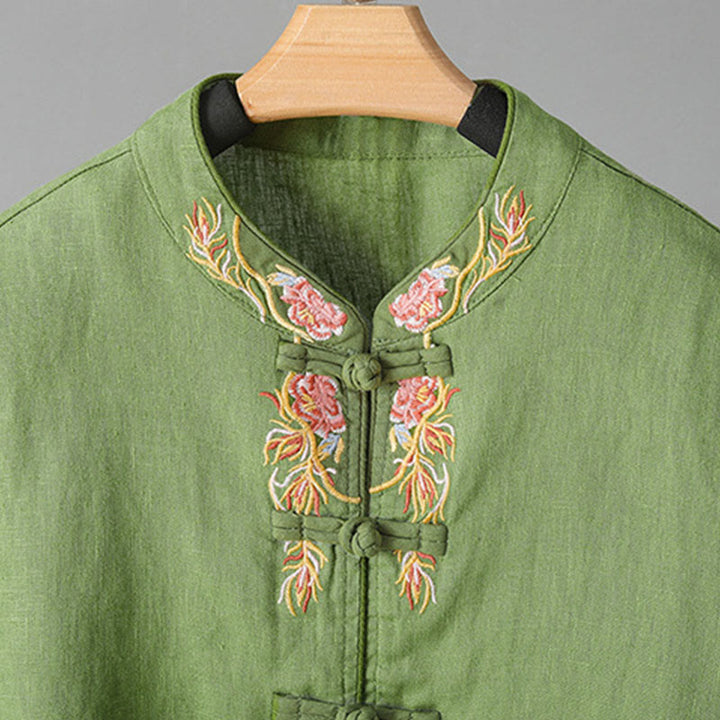 Chemise femme en coton à manches longues et boutons grenouille, broderie de fleurs et Buddha Stones - image 14