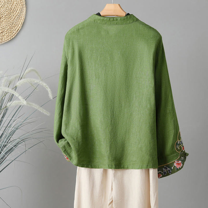 Chemise femme en coton à manches longues et boutons grenouille, broderie de fleurs et Buddha Stones - image 13