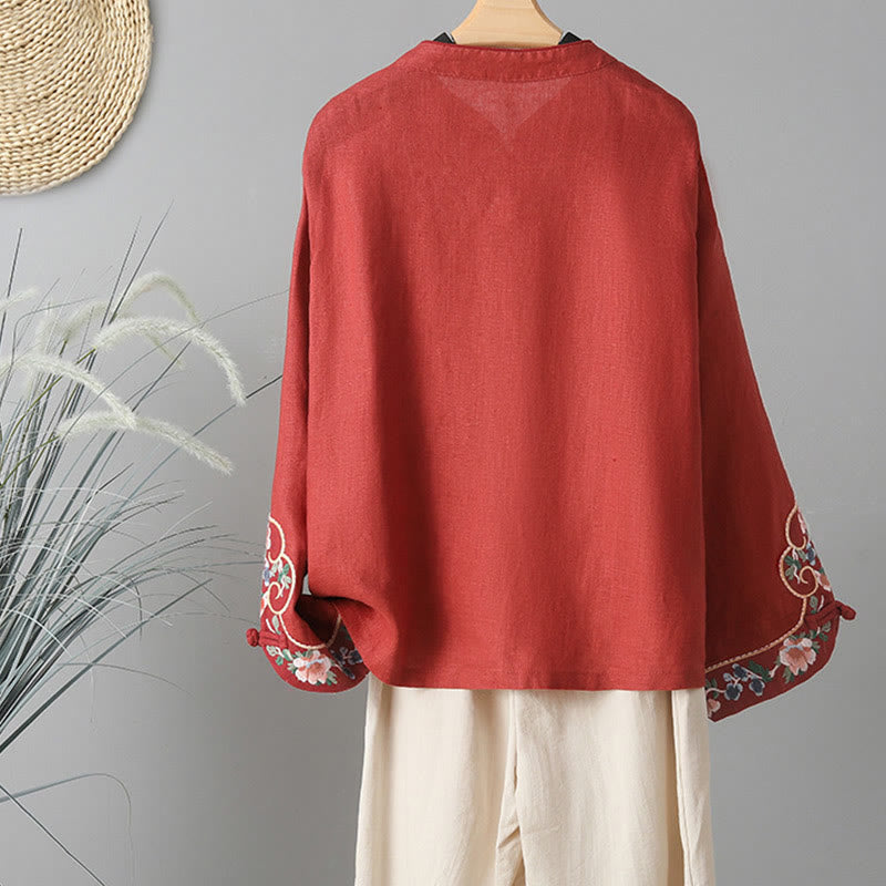Chemise femme en coton à manches longues et boutons grenouille, broderie de fleurs et Buddha Stones - image 16