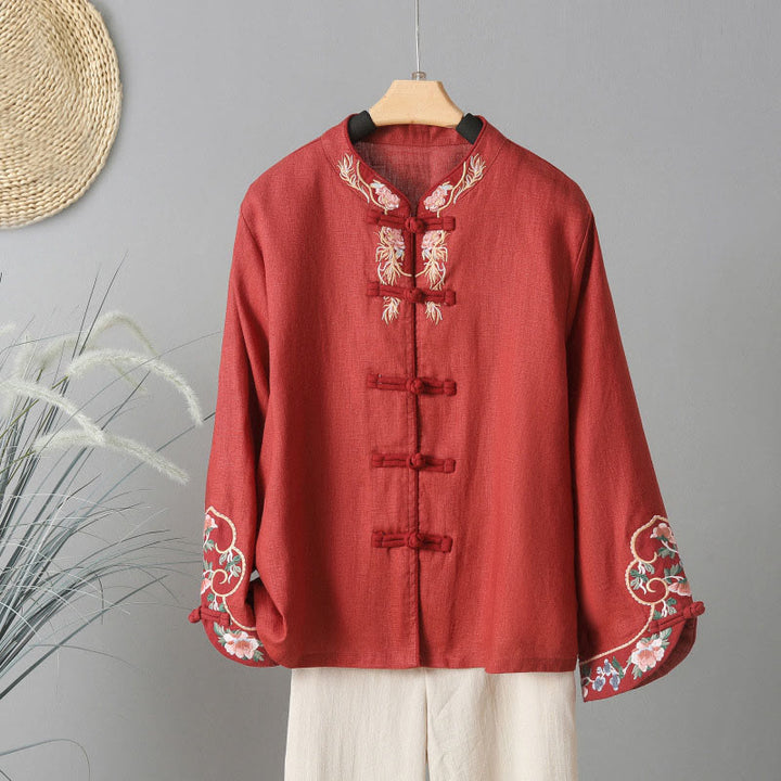 Chemise femme en coton à manches longues et boutons grenouille, broderie de fleurs et Buddha Stones - Brique réfractaire - US12，UK/AU16，EU44 (2XL) - image 15