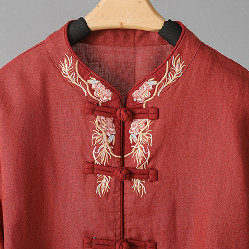 Chemise femme en coton à manches longues et boutons grenouille, broderie de fleurs et Buddha Stones - image 17