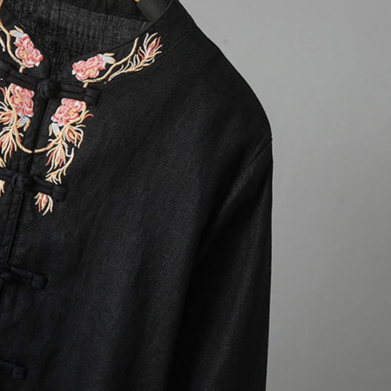 Chemise femme en coton à manches longues et boutons grenouille, broderie de fleurs et Buddha Stones - image 20