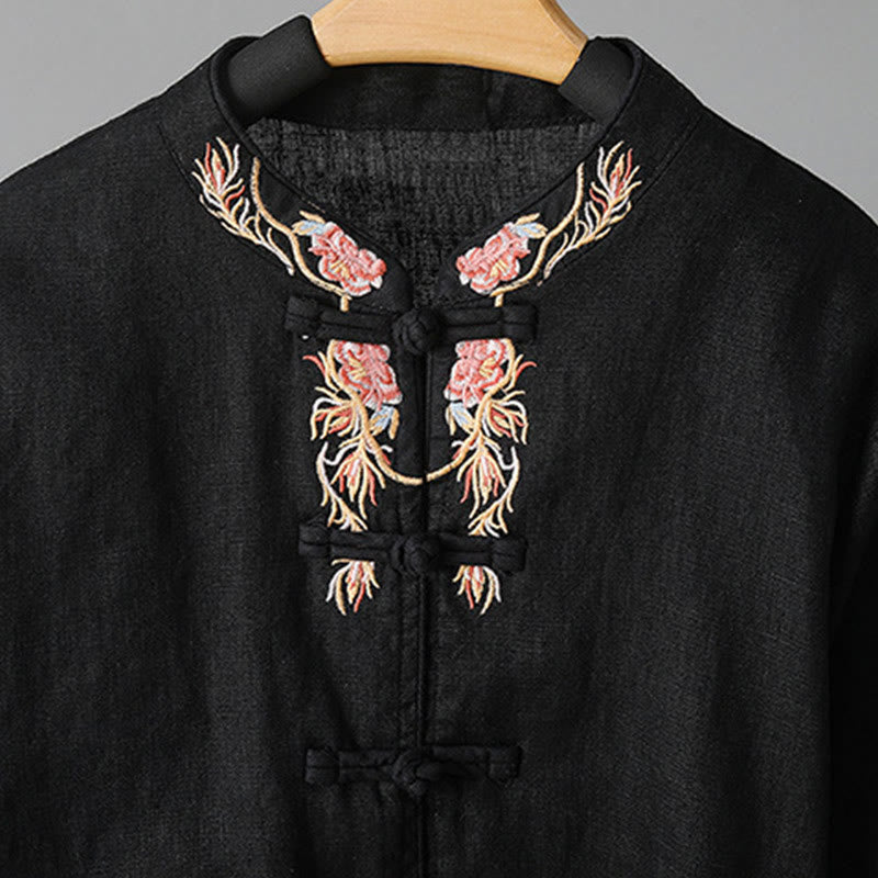 Chemise femme en coton à manches longues et boutons grenouille, broderie de fleurs et Buddha Stones - image 24